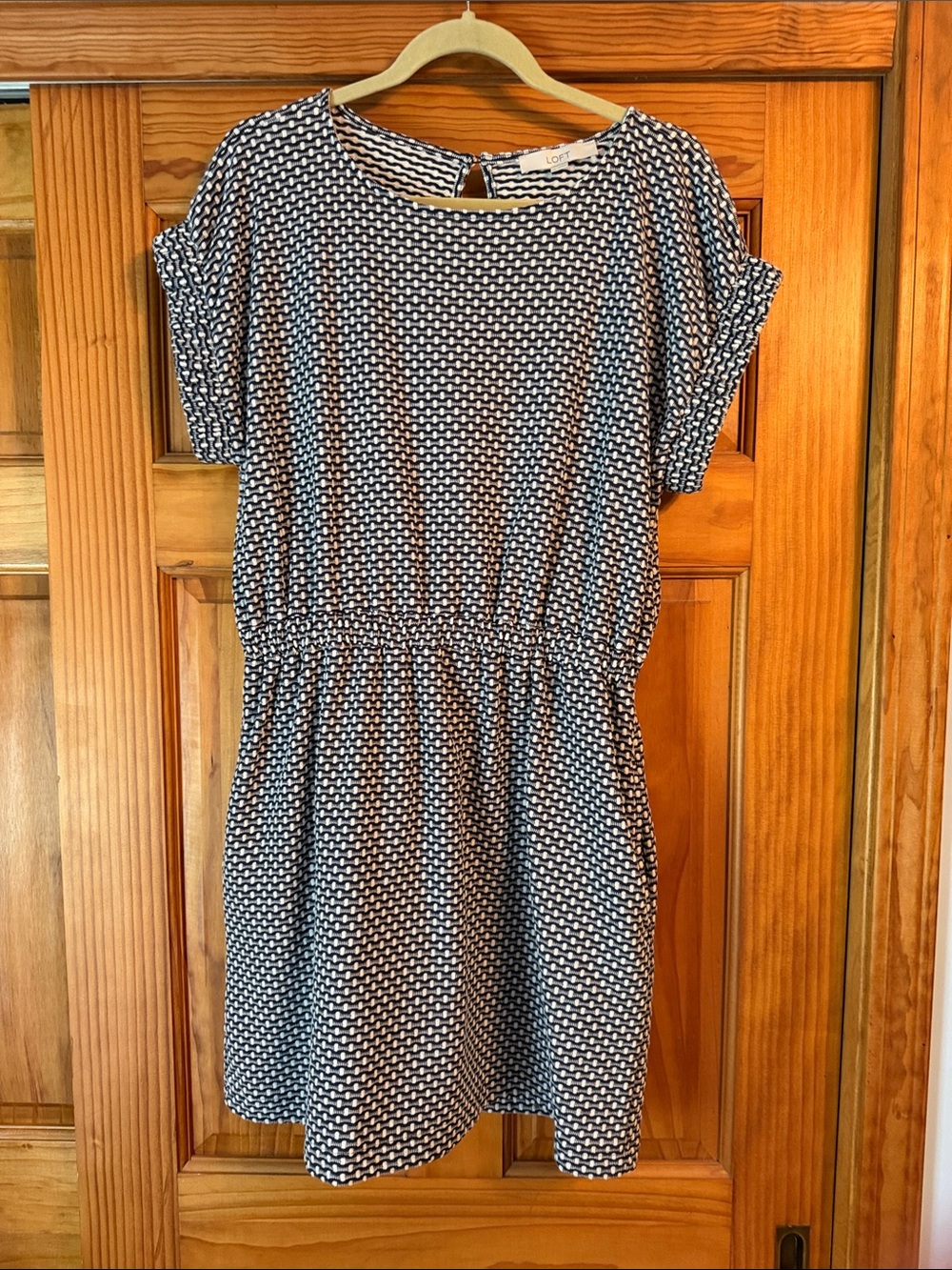 LOFT Navy and White Printed Elastic-Waist Mini Dress